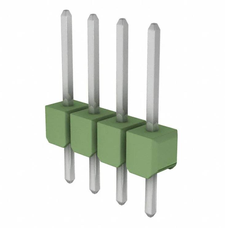 Ein grüner 4-Pin-Stecker mit silbernen Kontakten, der für Elektronik oder Leiterplatten verwendet wird, wird vertikal ausgerichtet dargestellt.