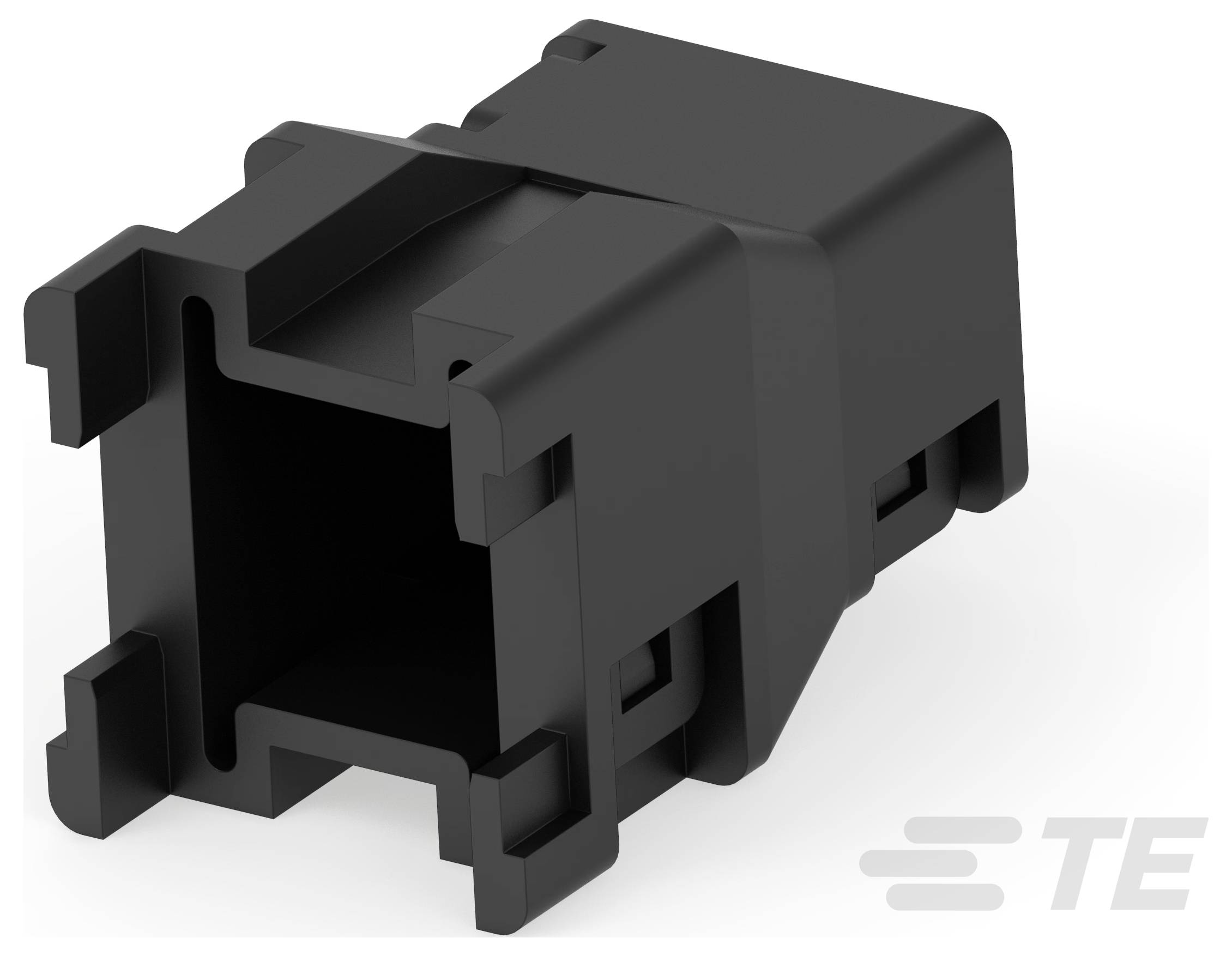 Schwarzes Kunststoff-Elektronikgehäuse der Marke 'TE' mit rechteckiger Form und Verriegelungsfunktionen zur sicheren Befestigung.