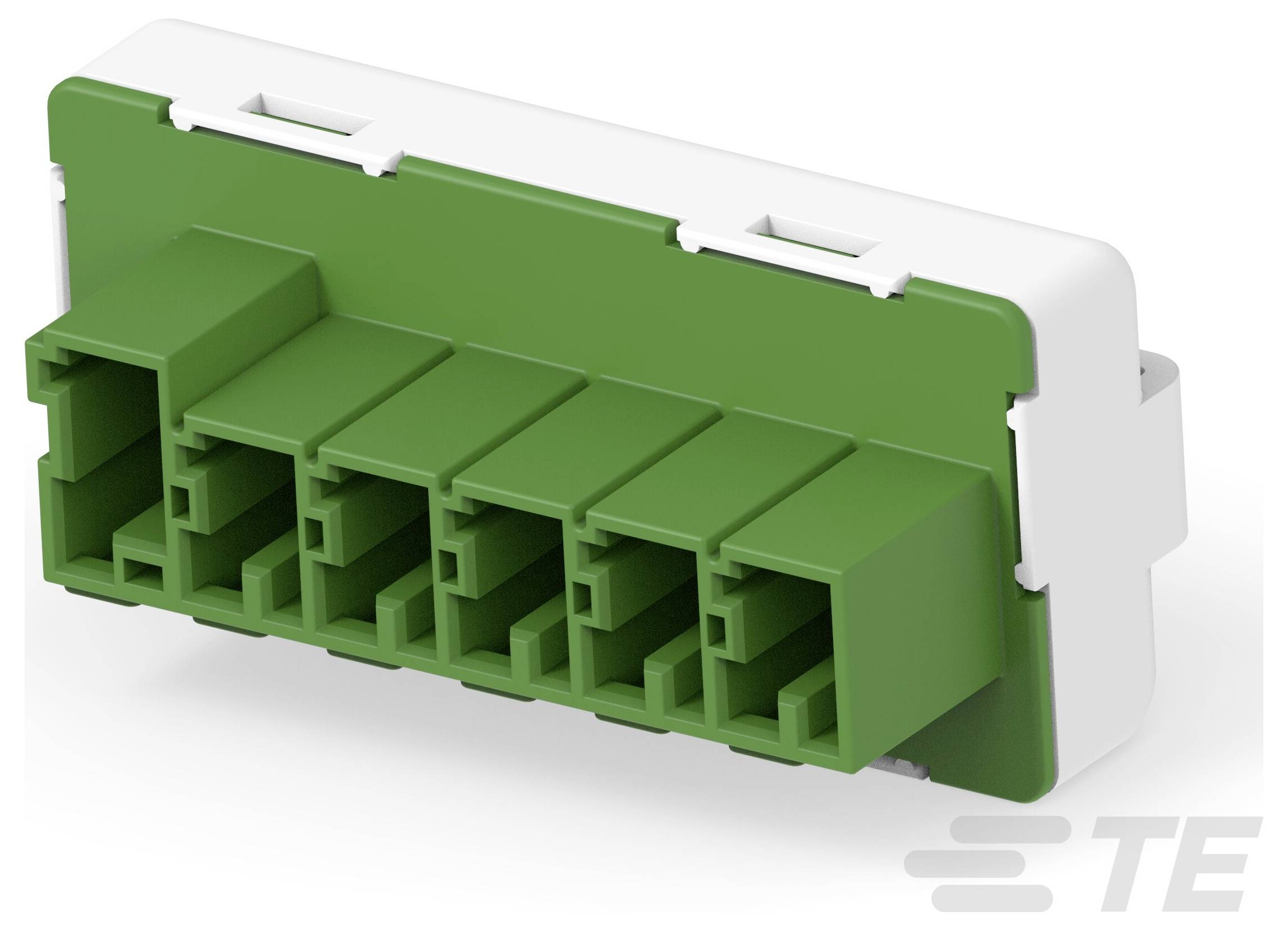 Ein grüner rechteckiger elektrischer Stecker mit mehreren Anschlüssen, befestigt an einer weißen Basis. Logo in der unteren rechten Ecke.