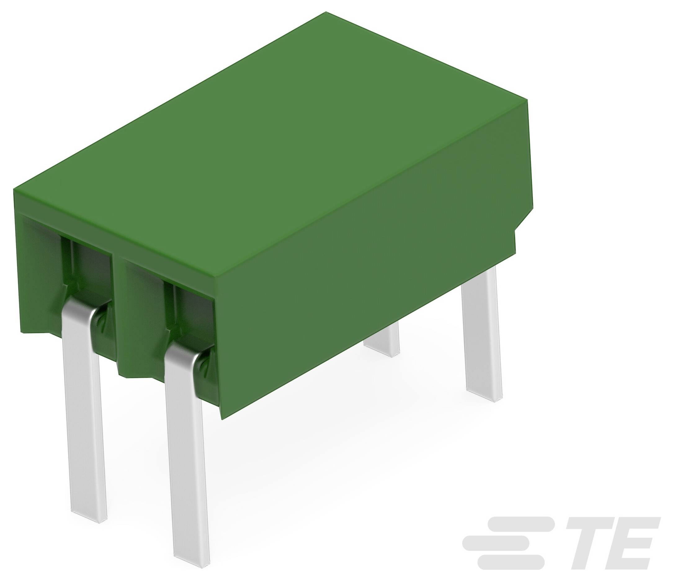 Ein grünes elektronisches Bauteil mit vier metallischen Stiften, in perspektivischer Ansicht dargestellt; das TE Connectivity-Logo ist in der unteren rechten Ecke sichtbar.