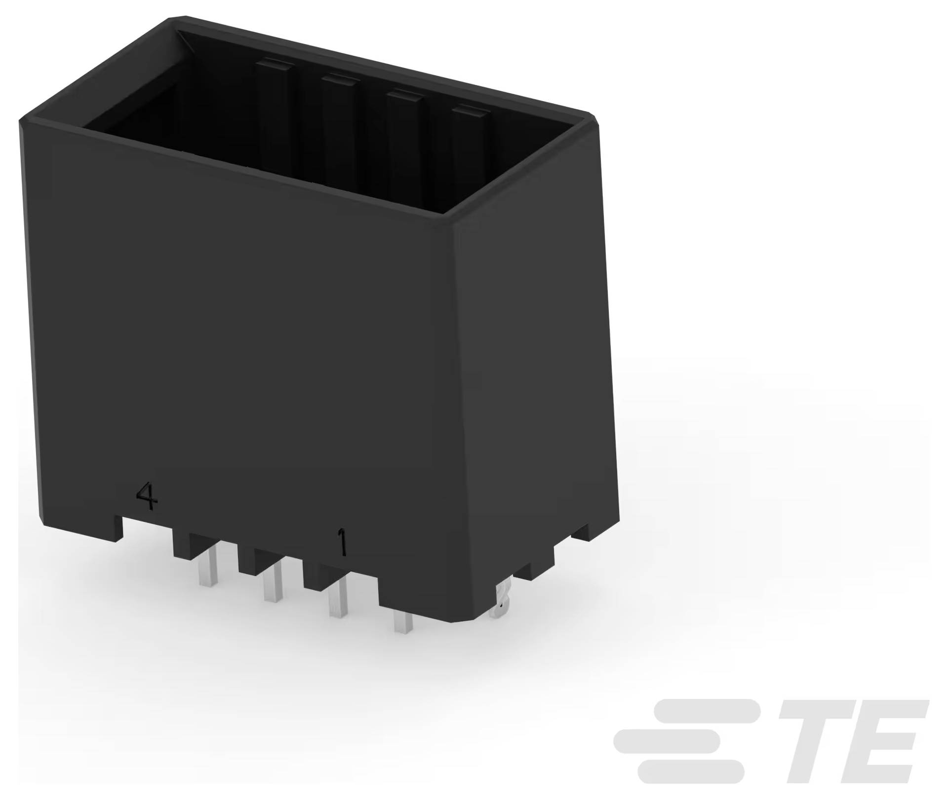 TE Connectivity 8-poliger vertikaler Steckverbinder, schwarz, mit sichtbaren Stiftnummern 1 und 4 auf der Unterseite.