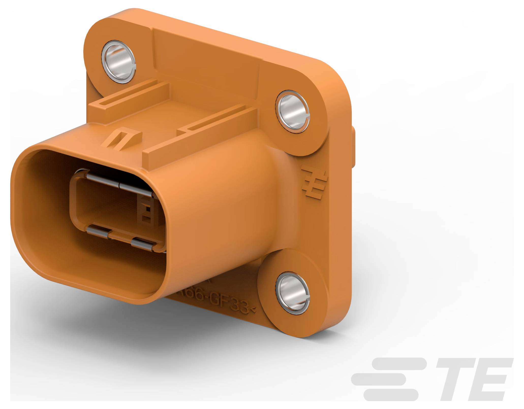Orangefarbiger elektrischer Stecker mit vier Schrauben, mit rechteckigem Gehäuse und TE-Logo, für Automobil- oder Industrieanwendungen geeignet.