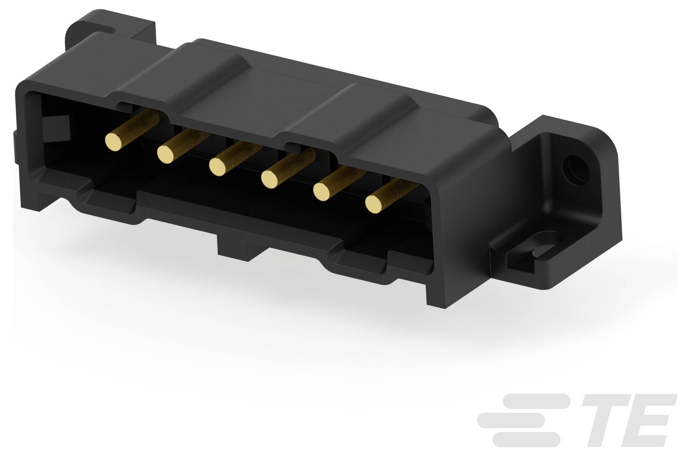 Ein schwarzer rechteckiger elektrischer Stecker mit fünf Goldstiften, der für Industrieanwendungen verwendet wird, auf weißem Hintergrund platziert.
