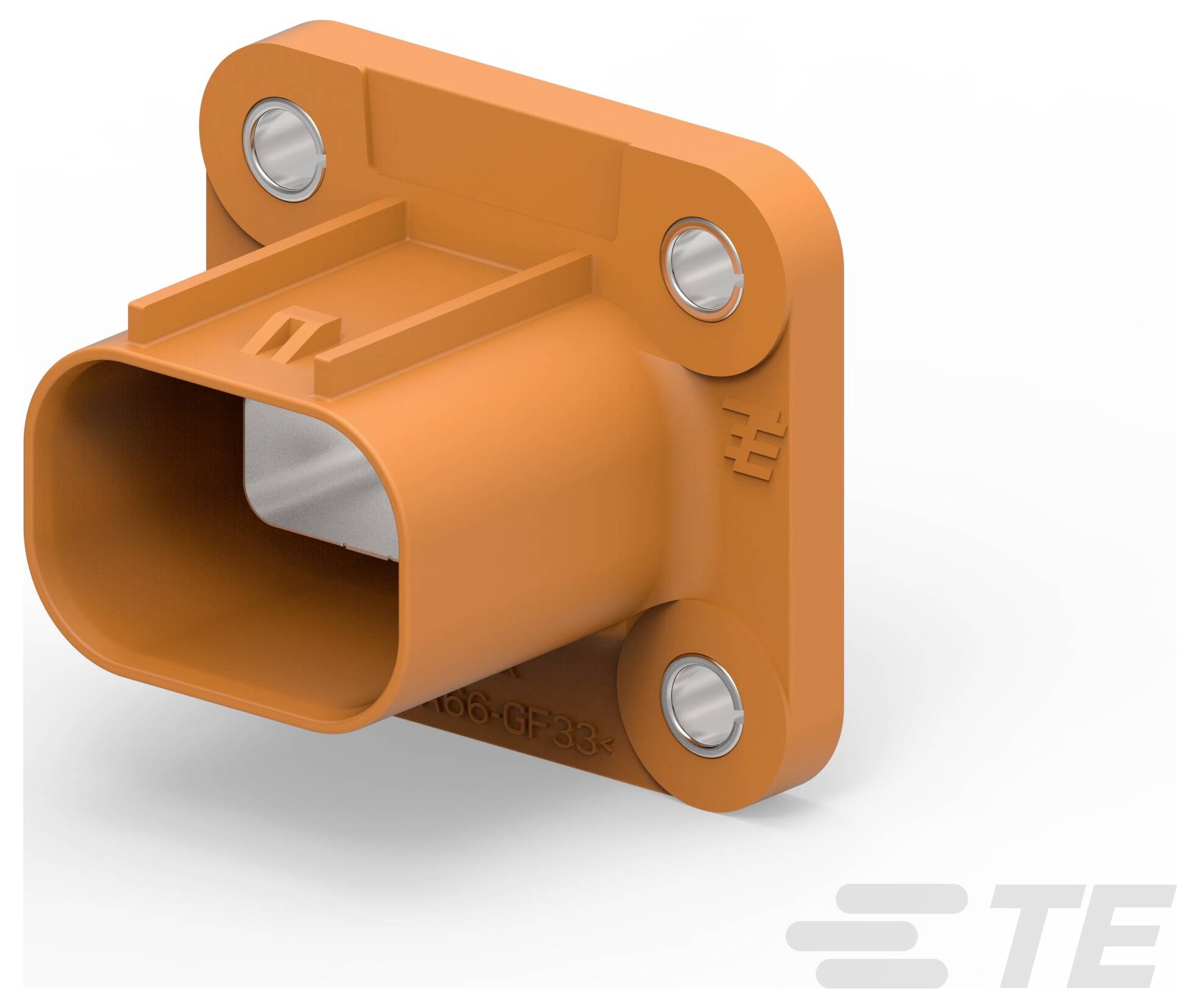 Orange TE Connectivity-Komponente, rechteckig mit Befestigungslöchern, wird für elektrische Verbindungen verwendet.