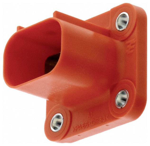 Orangefarbene Kunststoffwandplatte mit drei Schrauenlöchern und hohler Mitte für Kabelmanagement oder elektrische Verkabelung.