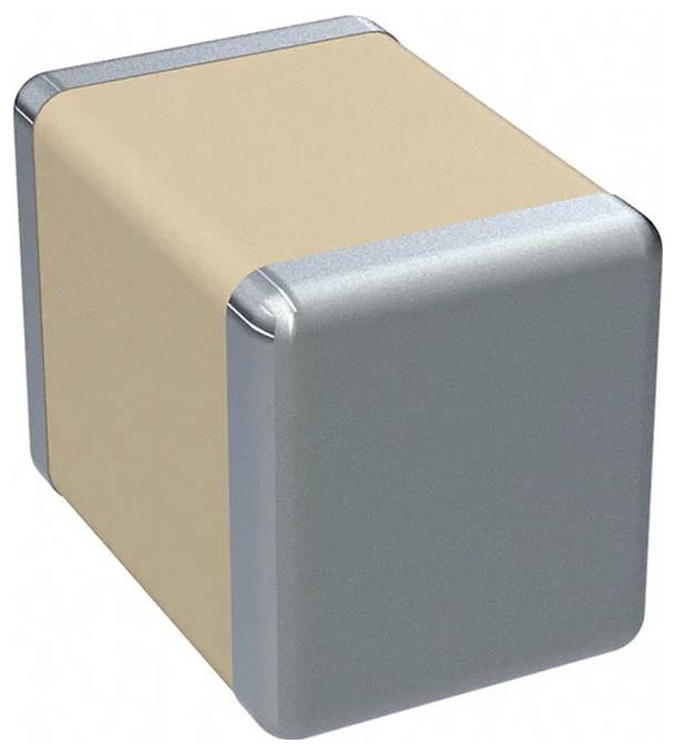 Eine beige und graue rechteckige elektronische Komponente, wahrscheinlich ein Kondensator, mit metallischen Kanten.