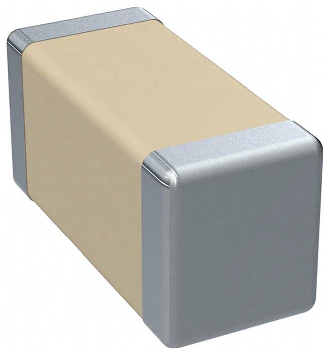 Ein rechteckiges beigefarbenes Bauteil mit metallischen grauen Enden, das einem Kondensator ähnelt. Wird wahrscheinlich in elektronischen Schaltungen zum Speichern von elektrischer Energie verwendet.