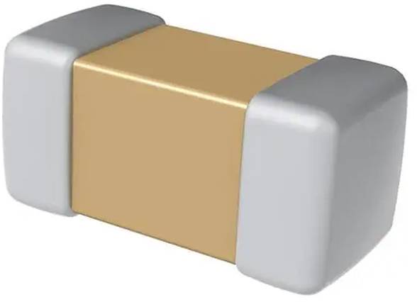 Eine kleine, rechteckige elektronische Komponente mit goldenen und silbernen Enden, die einem oberflächenmontierten Kondensator oder Widerstand ähnelt.