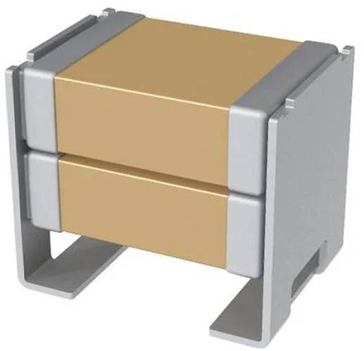 Ein metallisches 3D-Modell eines rechteckigen elektronischen Bauteils mit einem kupferfarbigen Kern und grauem Außengehäuse, auf zwei Seiten erhöht.