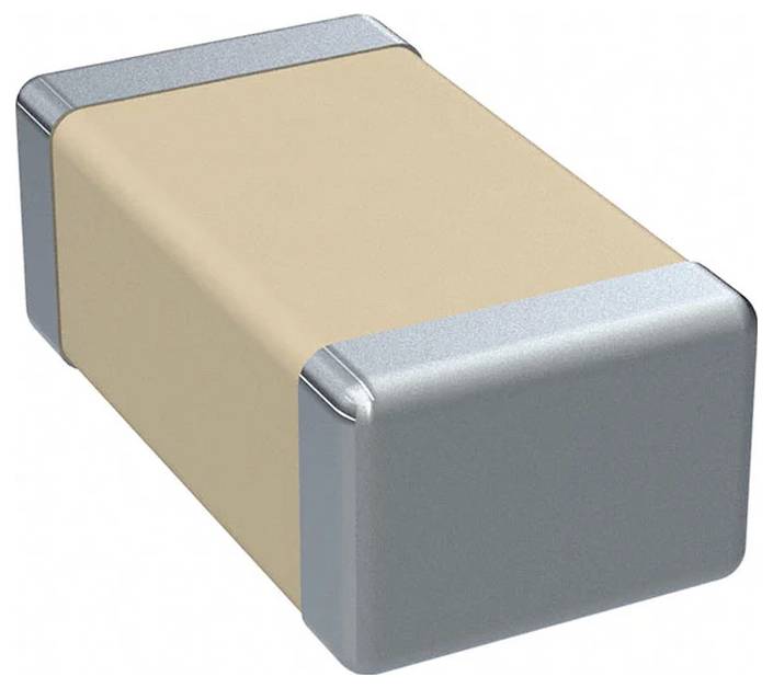 Eine rechteckige, metallumhüllte elektronische Komponente, die einem Kondensator oder Widerstand ähnelt, mit einem beigen Gehäuse und silbernen Enden.