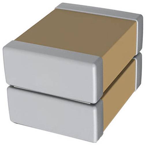 Eine kompakte, rechteckige elektronische Komponente mit grauen Seiten und einem zentralen beigefarbenen Gehäuse, die einem Chip oder Kondensator ähnelt.