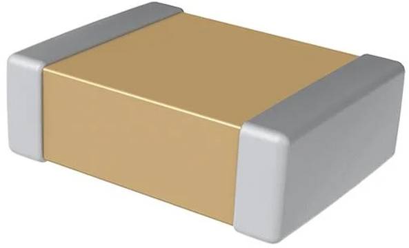 Ein rechteckiges, hellbraun gefärbtes elektronisches Bauelement mit grauen Enden, das einem in elektronischen Schaltkreisen verwendeten Kondensator ähnelt.