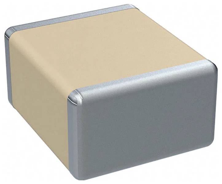 Ein kleines, rechteckiges elektronisches Bauteil mit beigefarbenem Gehäuse und metallischen Anschlüssen, wahrscheinlich ein in elektronischen Schaltkreisen verwendeter Kondensator.