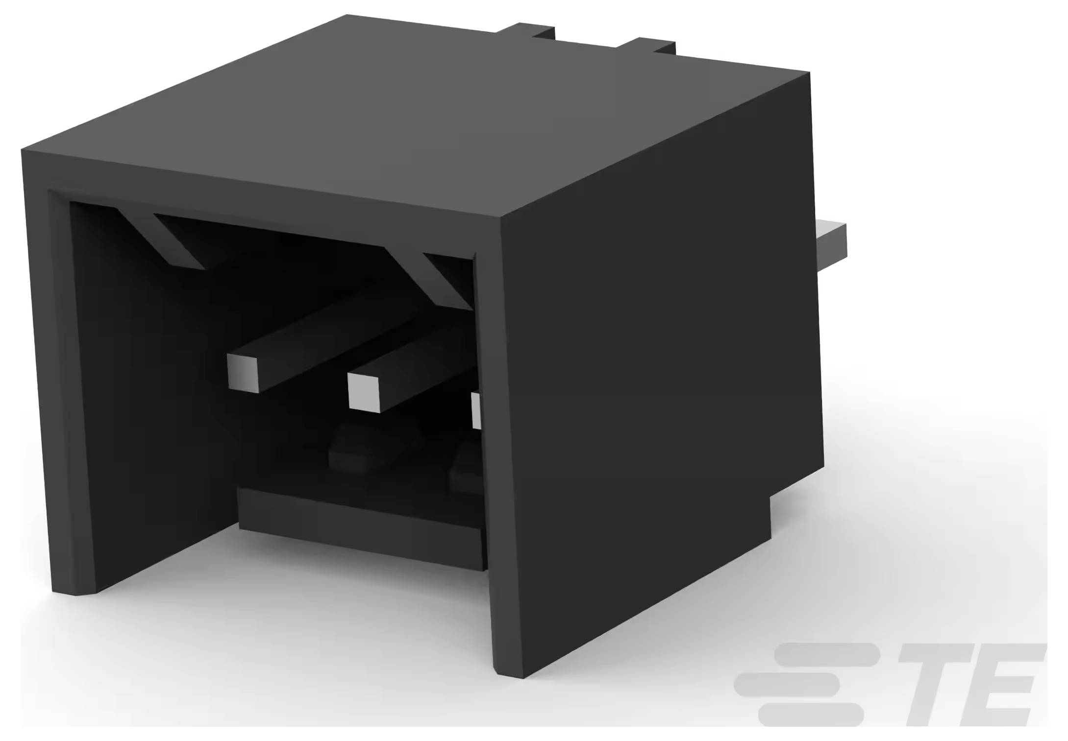 Ein schwarzes rechteckiges elektronisches Steckverbinder-Bauteil mit mehreren sichtbaren Schlitzen und Kontaktstiften von einer Seite.