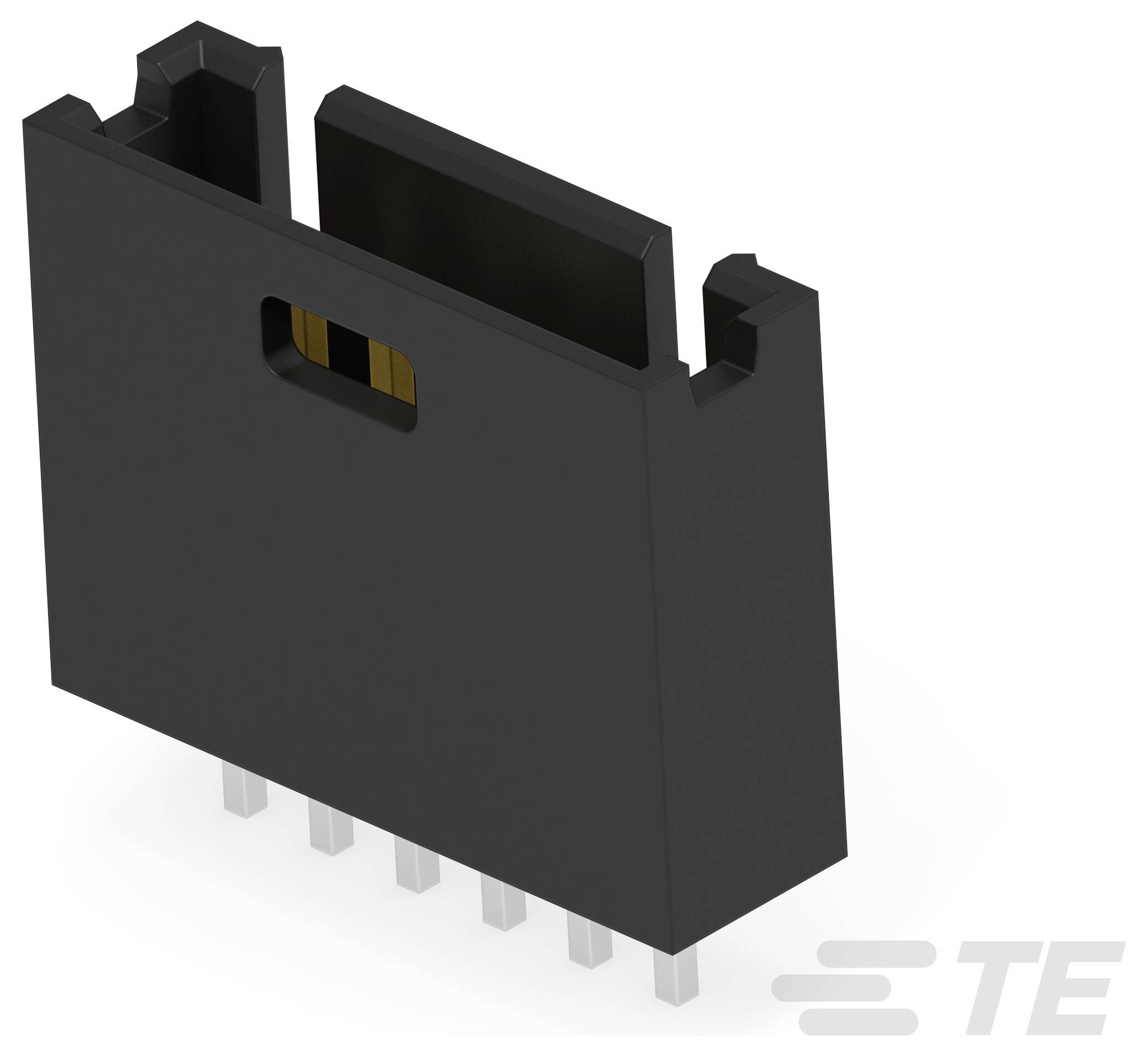 Ein Leiterplattenverbinder mit rechtem Winkel mit sieben Stiften und einer Ausnehmung oben, geeignet für elektronische Verbindungen. TE-Logo in der Ecke.