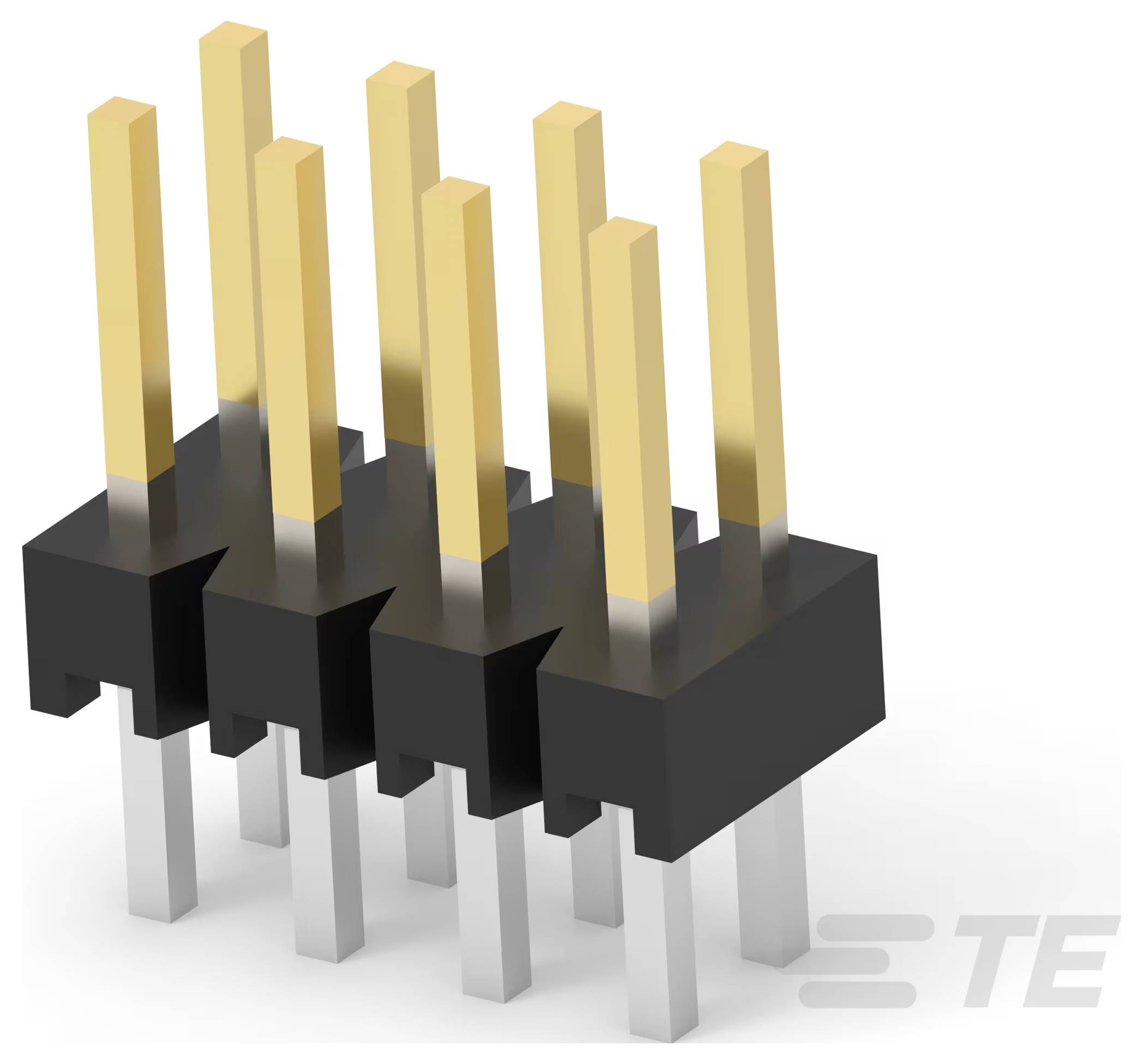Ein 6-poliger Steckverbinder mit vergoldeten Kontakten und schwarzer Kunststoffbasis, verwendet für elektronische Schaltungsverbindungen, in Perspektivansicht dargestellt.