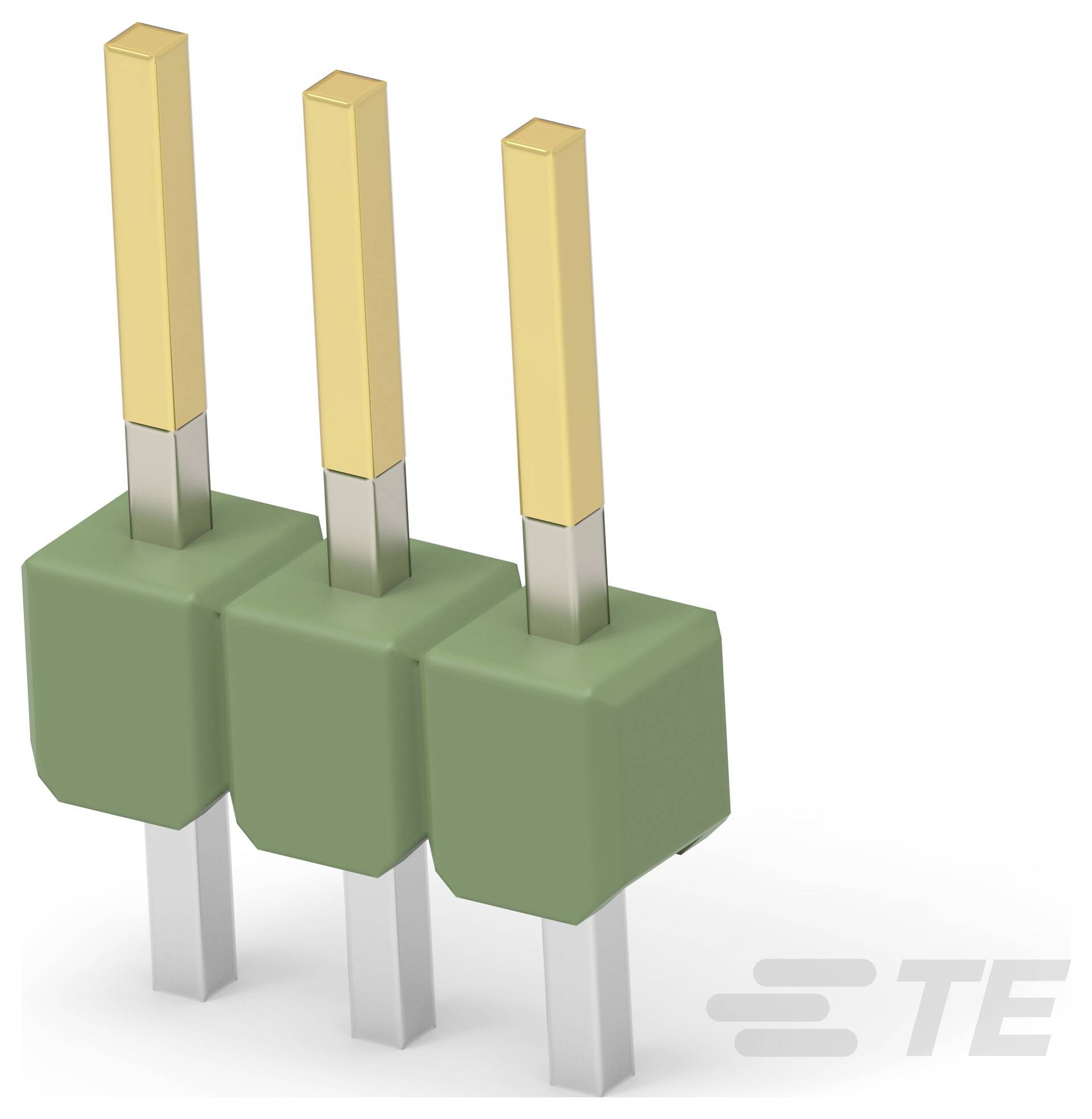 Ein 3-polig Stecker mit vergoldeten Kontakten und grünem Gehäuse, aus einem Winkel betrachtet, mit grauen dreigliedrigen PCB-Befestigungsbeinen.