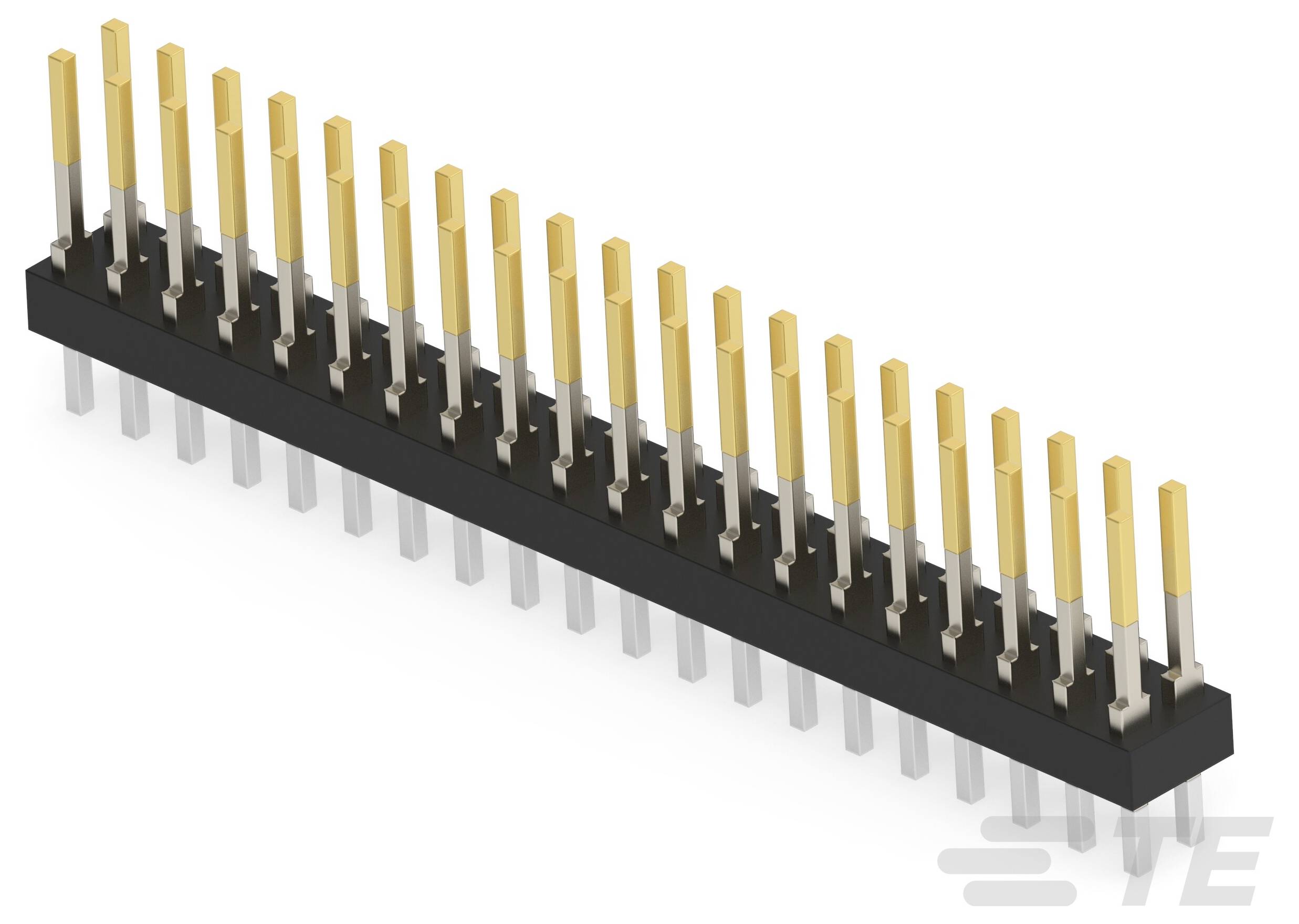 Doppelreihen-Stiftleiste mit Winkel und 20 Stiften. Schwarzes Kunststoffgehäuse mit vergoldeten Kontakten und silbernen Beinen.