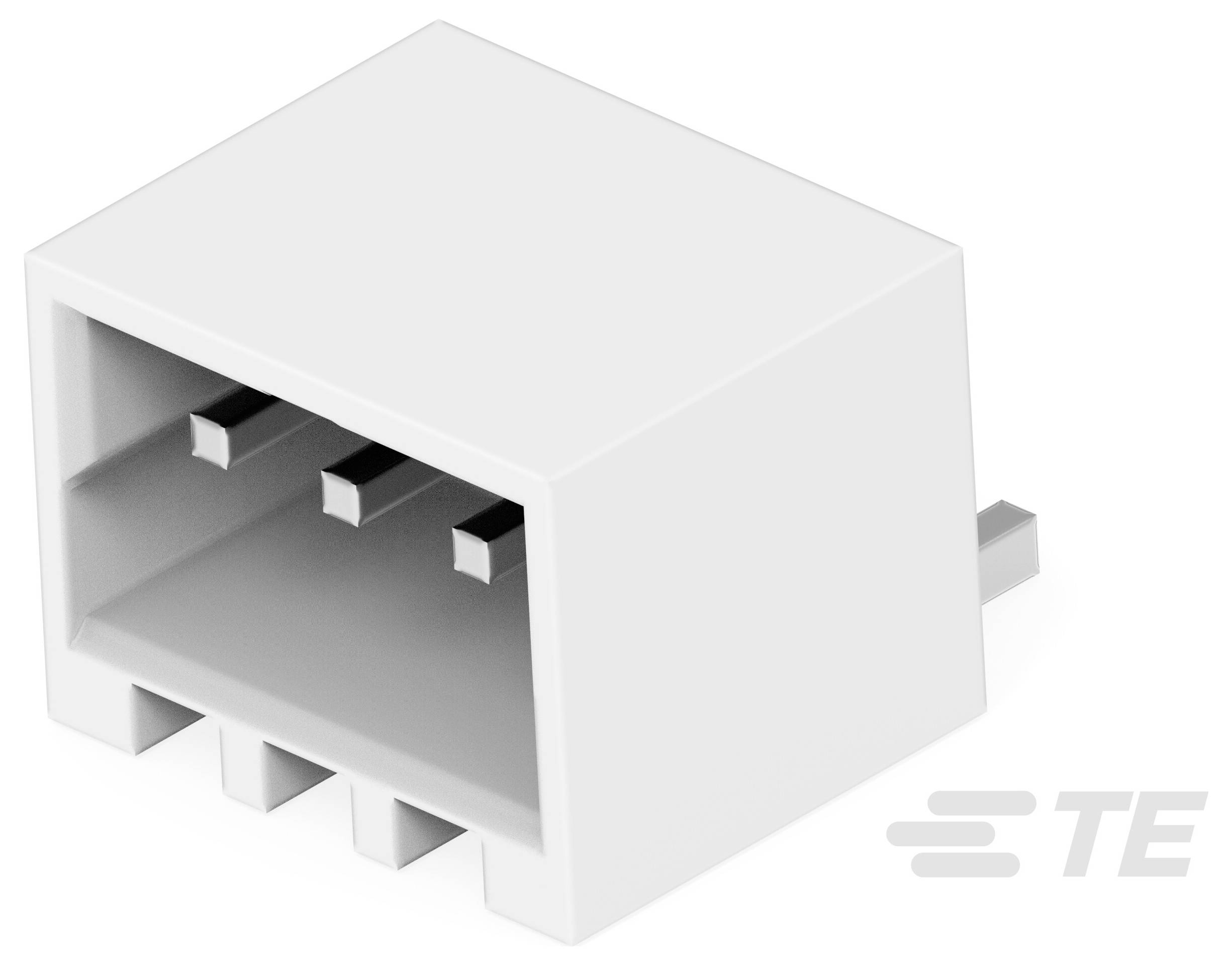 Ein weißer rechteckiger elektrischer Anschluss mit drei metallischen Kontakten, positioniert, um sicher in einen entsprechenden Stecker zu passen.