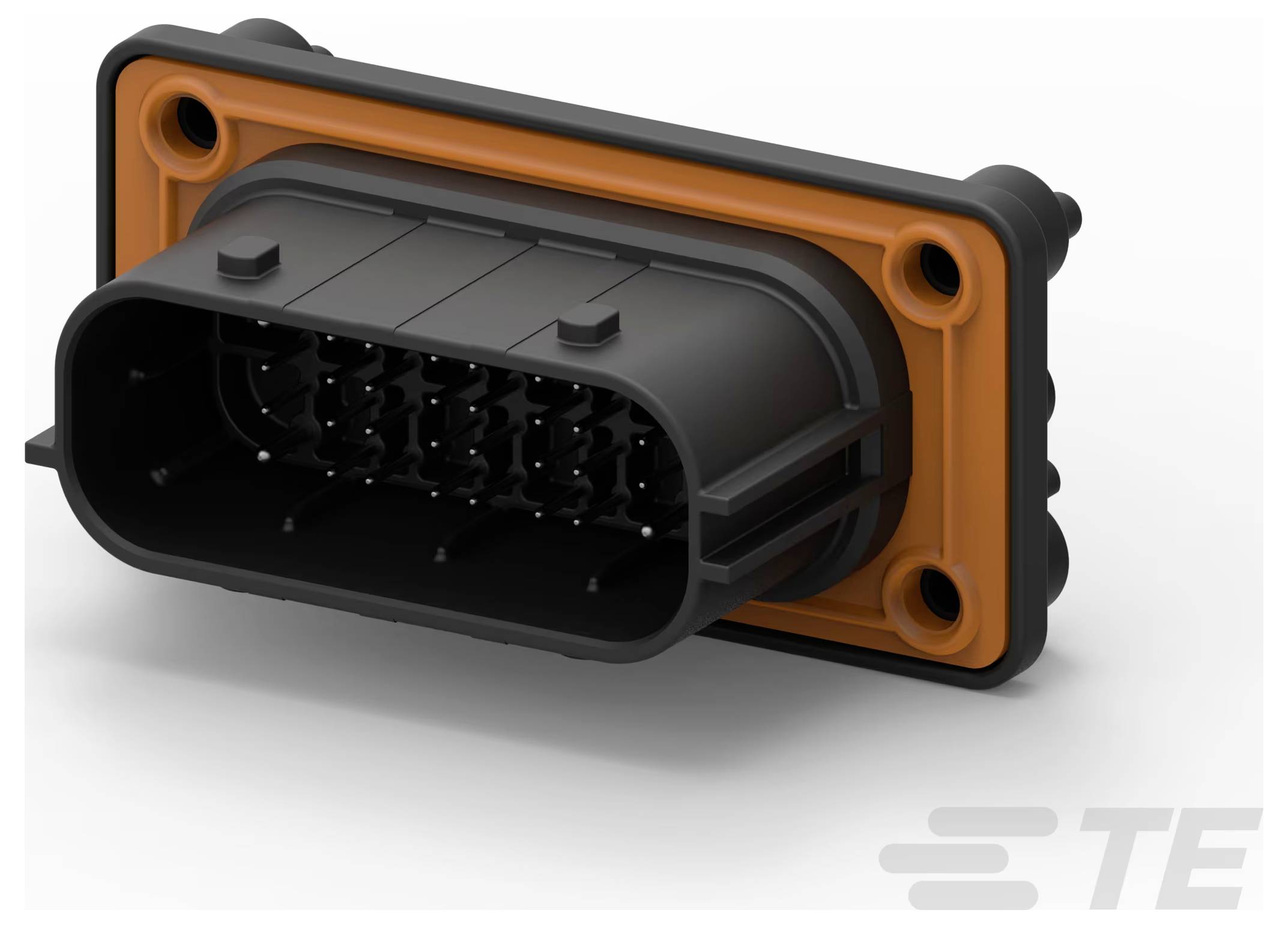 Ein rechteckiger elektrischer Stecker mit mehreren Stiftschlitzen, umgeben von einer orangefarbenen Dichtung und montiert auf einer schwarzen rechteckigen Basis.