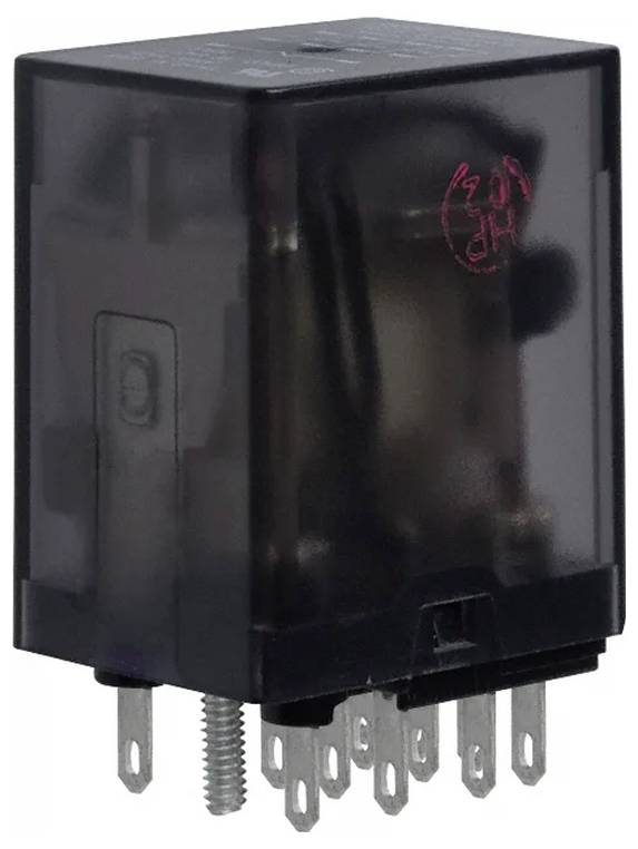 Ein schwarzes elektrisches Relais mit transparenter Abdeckung, das interne Komponenten zeigt und mehrere Metallstifte, die unten hervorstehen.