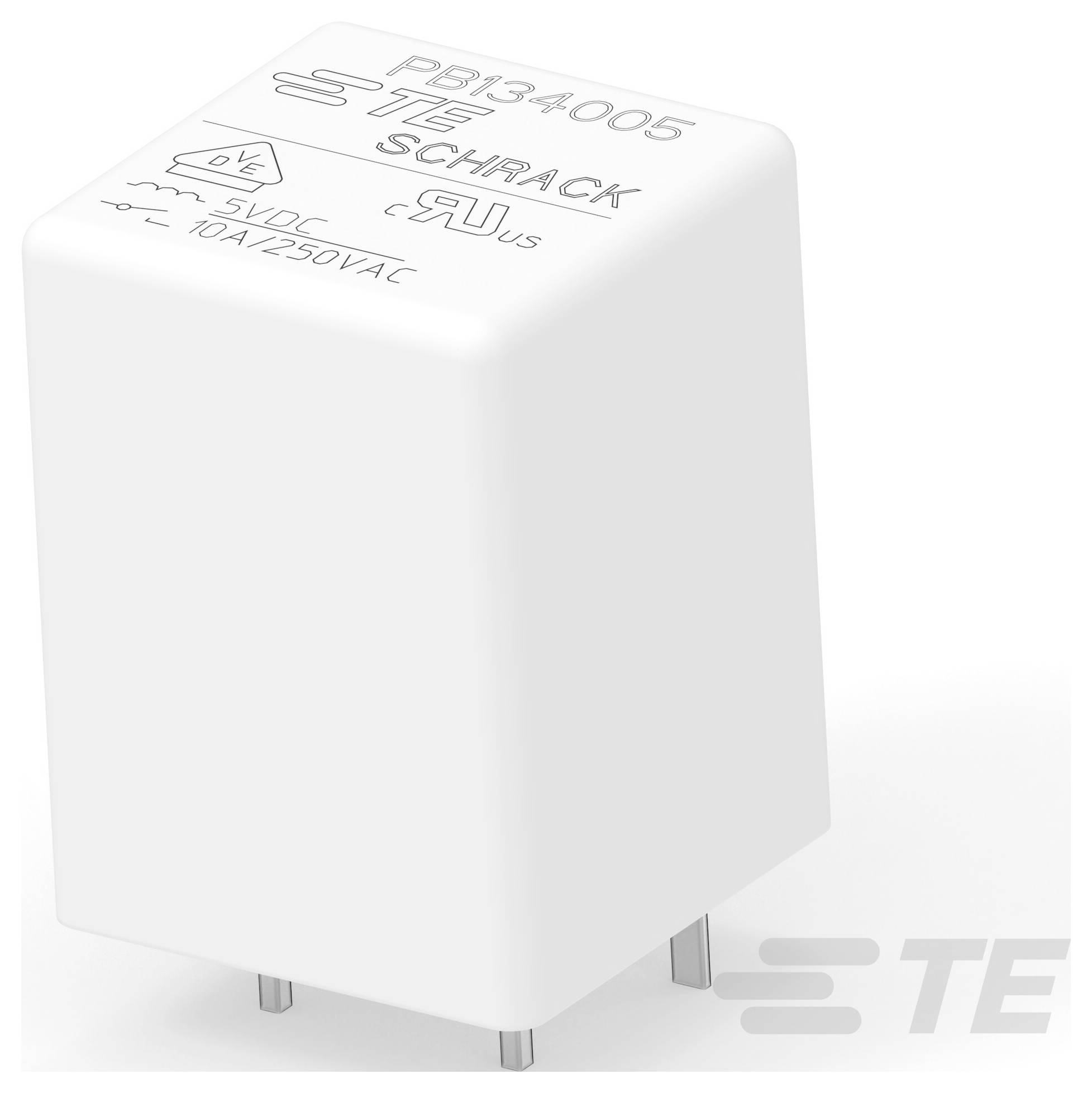 TE Schrack Relais, Modell PB134005, 5VDC, 10A 250VAC. Weiß, rechteckige Form mit Metallstiften an der Unterseite für Schaltungsverbindungen.