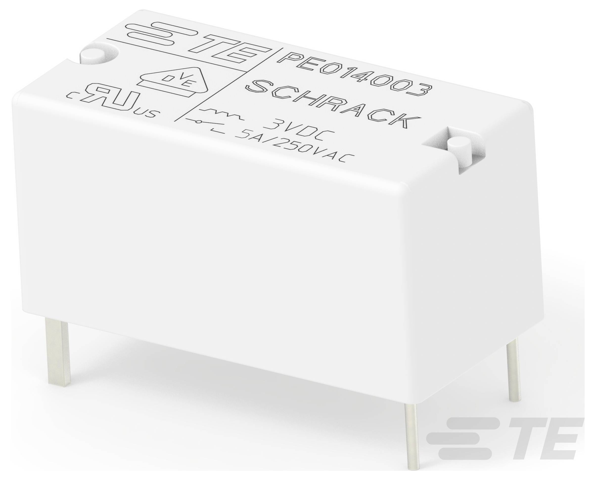 TE Schrack Relais, Modell PE014003, gekennzeichnet mit 3VDC und 5A/250VAC, mit zwei Metallstiften zur Integration in elektronische Schaltungen.