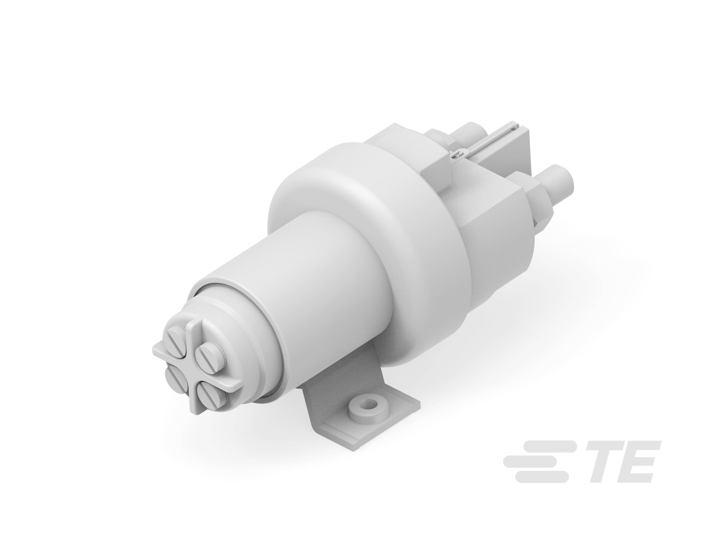 Ein elektrisches Bauteil mit zylindrischem Körper, Montageplatte und mehreren Anschlüssen. Markenlogo unten rechts.
