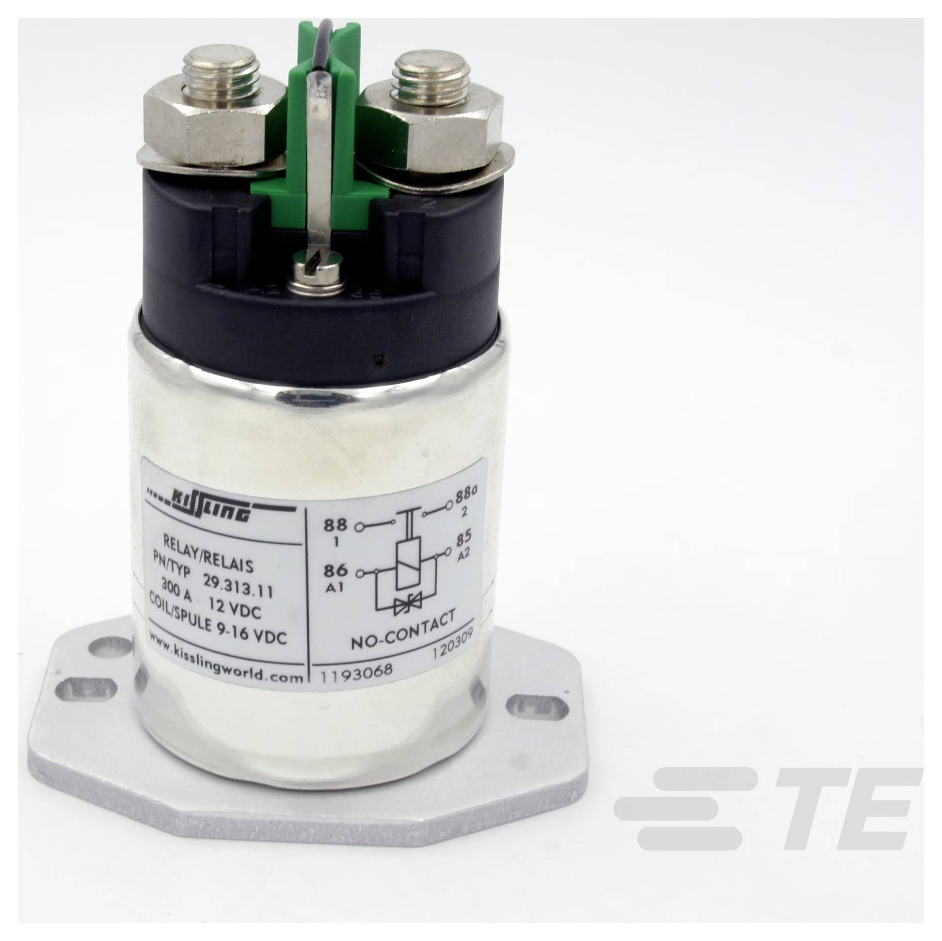 Ein Relais mit Beschriftungen und Diagramm auf seiner Oberfläche, das nummerierte Anschlüsse zeigt. Montiert auf einer Metallbasis mit sichtbarem TE-Logo.