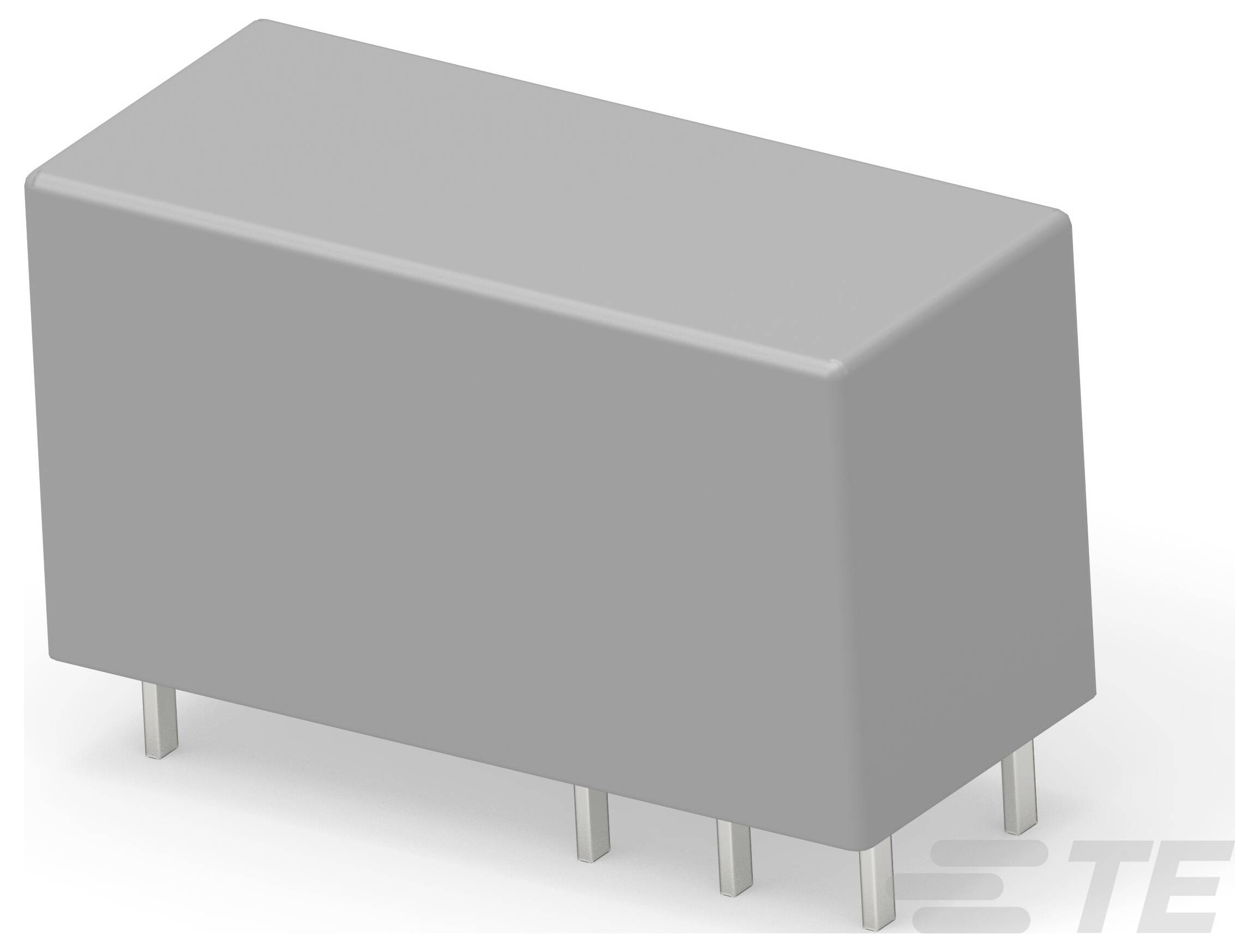 Graue rechteckige elektronische Komponente mit sechs Metallstiften an der Basis, positioniert auf weißem Hintergrund.