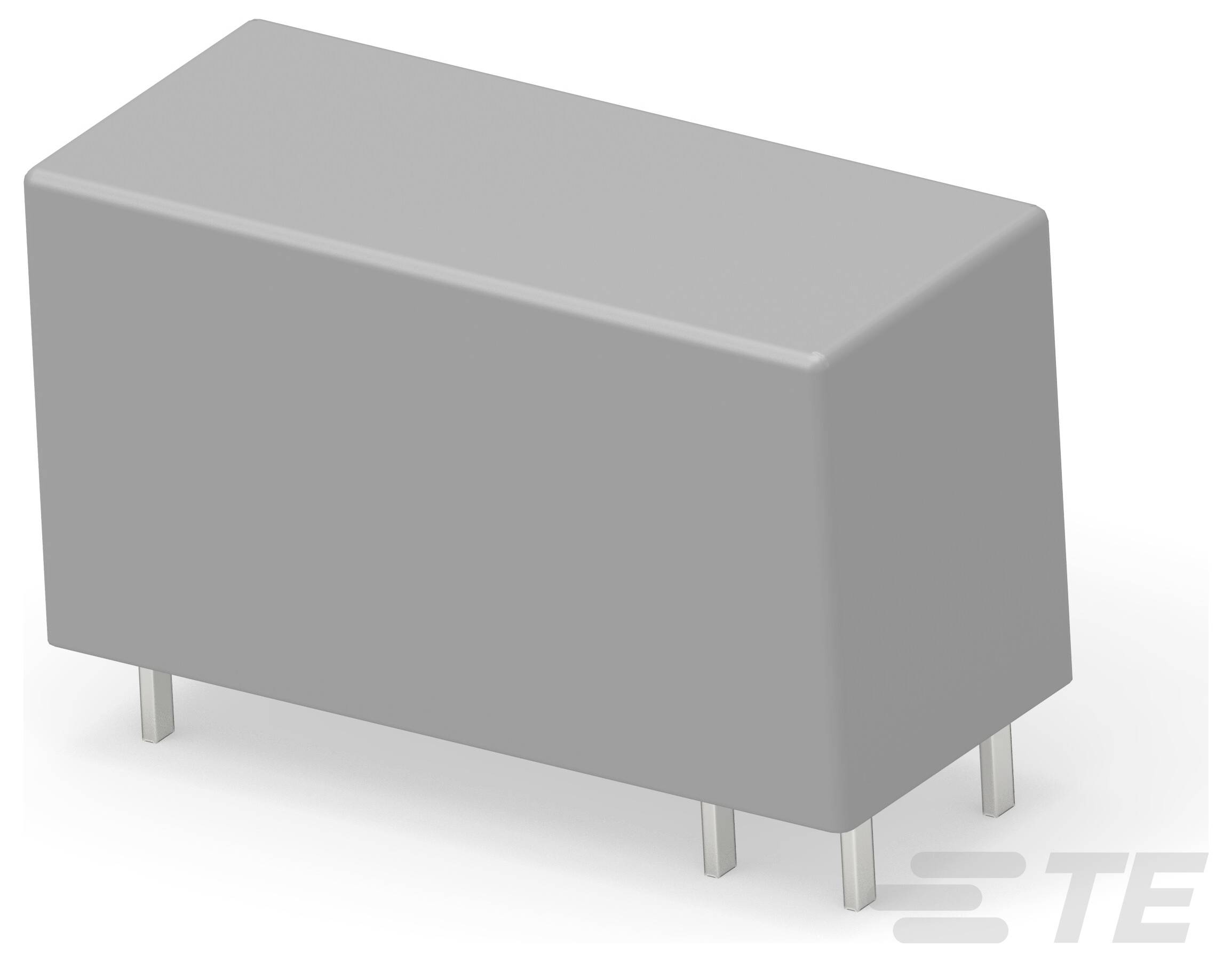 Graue rechteckige elektronische Komponente mit vier Metallstiften an der Unterseite, die auf einer Leiterplatte montiert werden kann.