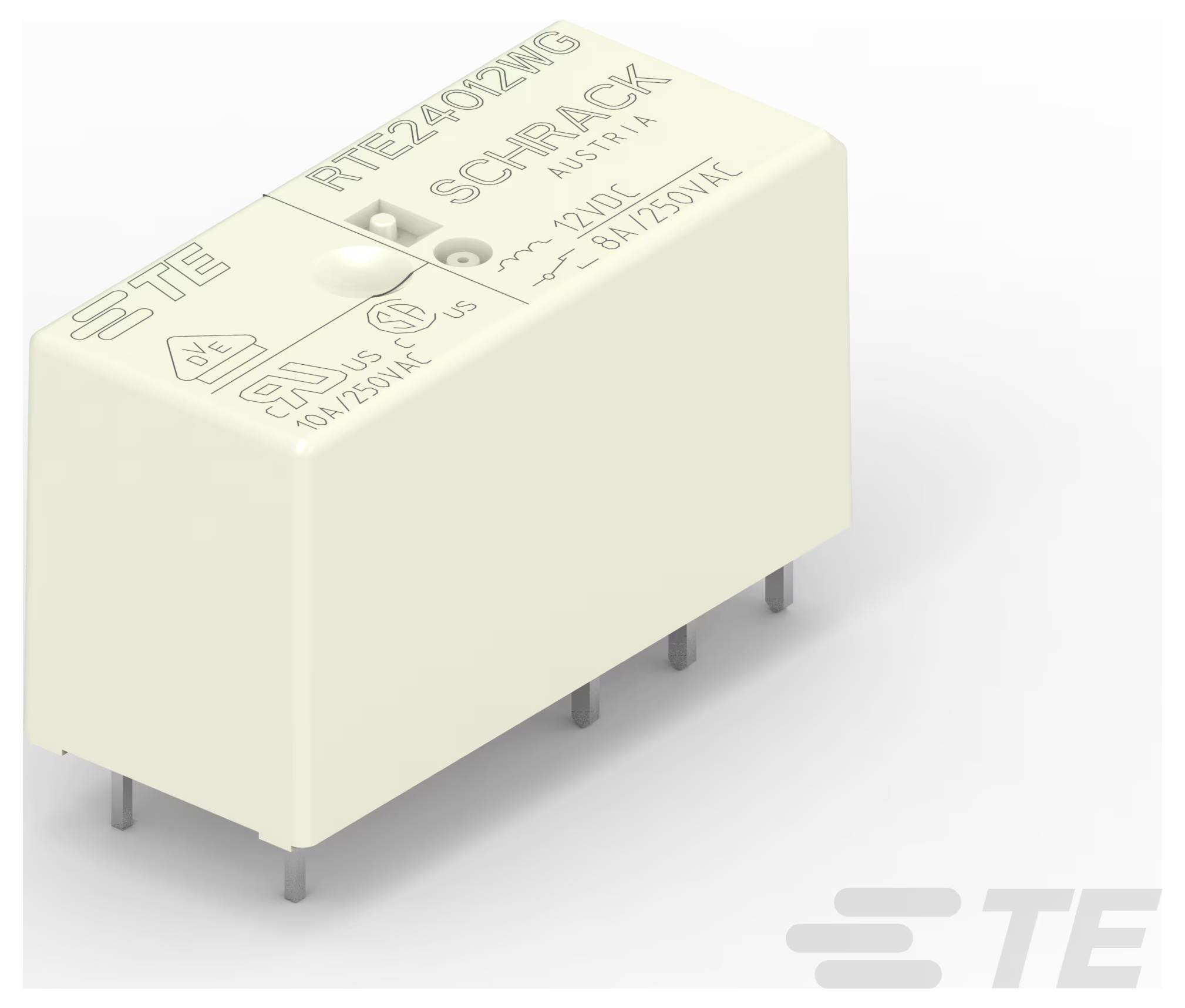 Ein beiges Schrack-Relais mit der Modellbezeichnung RTE24012VG auf der Oberseite, mit mehreren Anschlüssen an der Unterseite für elektrische Verbindungen.
