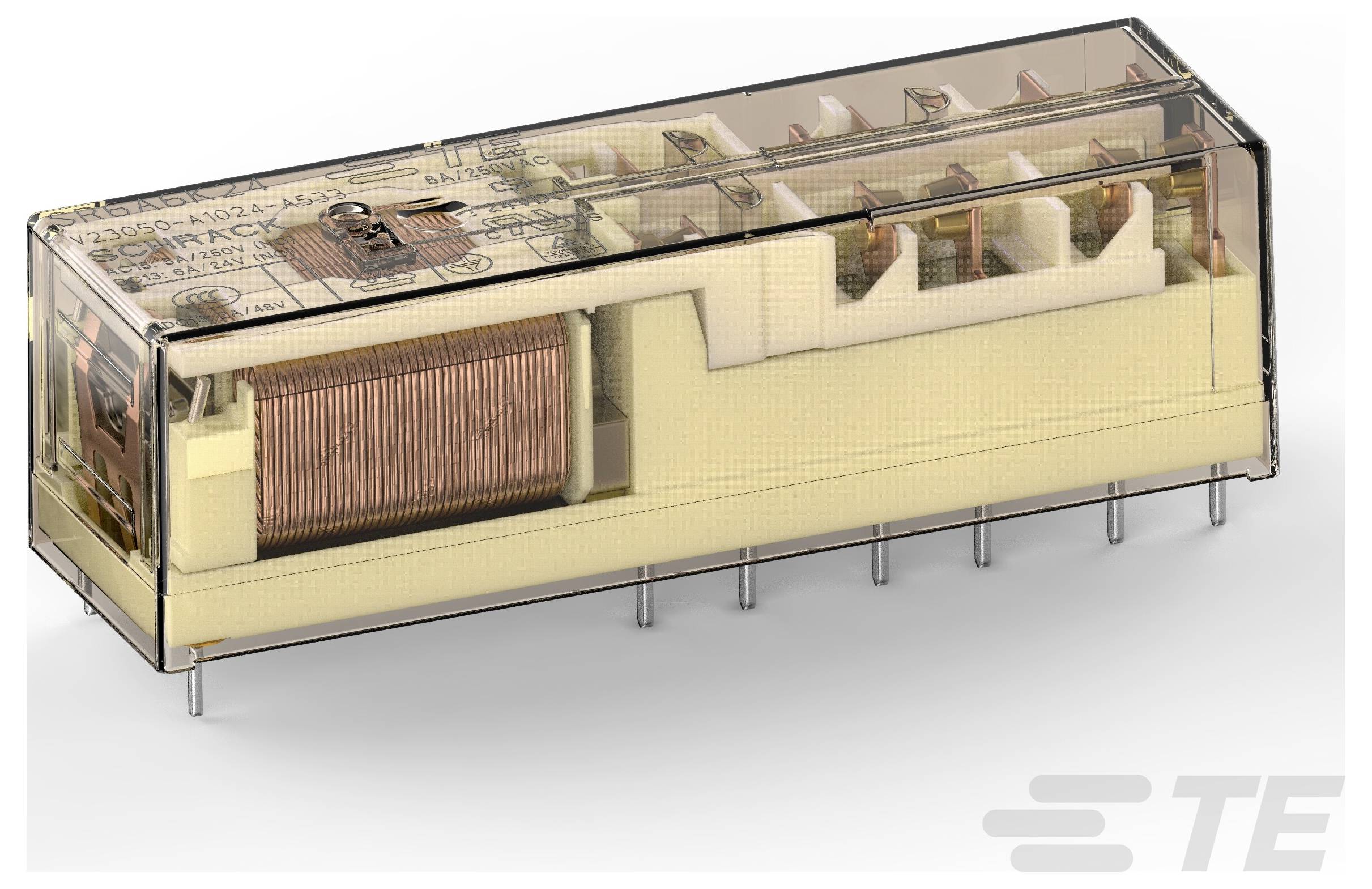 Ein transparentes Relais mit kompaktem Design, das die Kupferspule und elektrische Kontakte zeigt. Gekennzeichnet als TE.