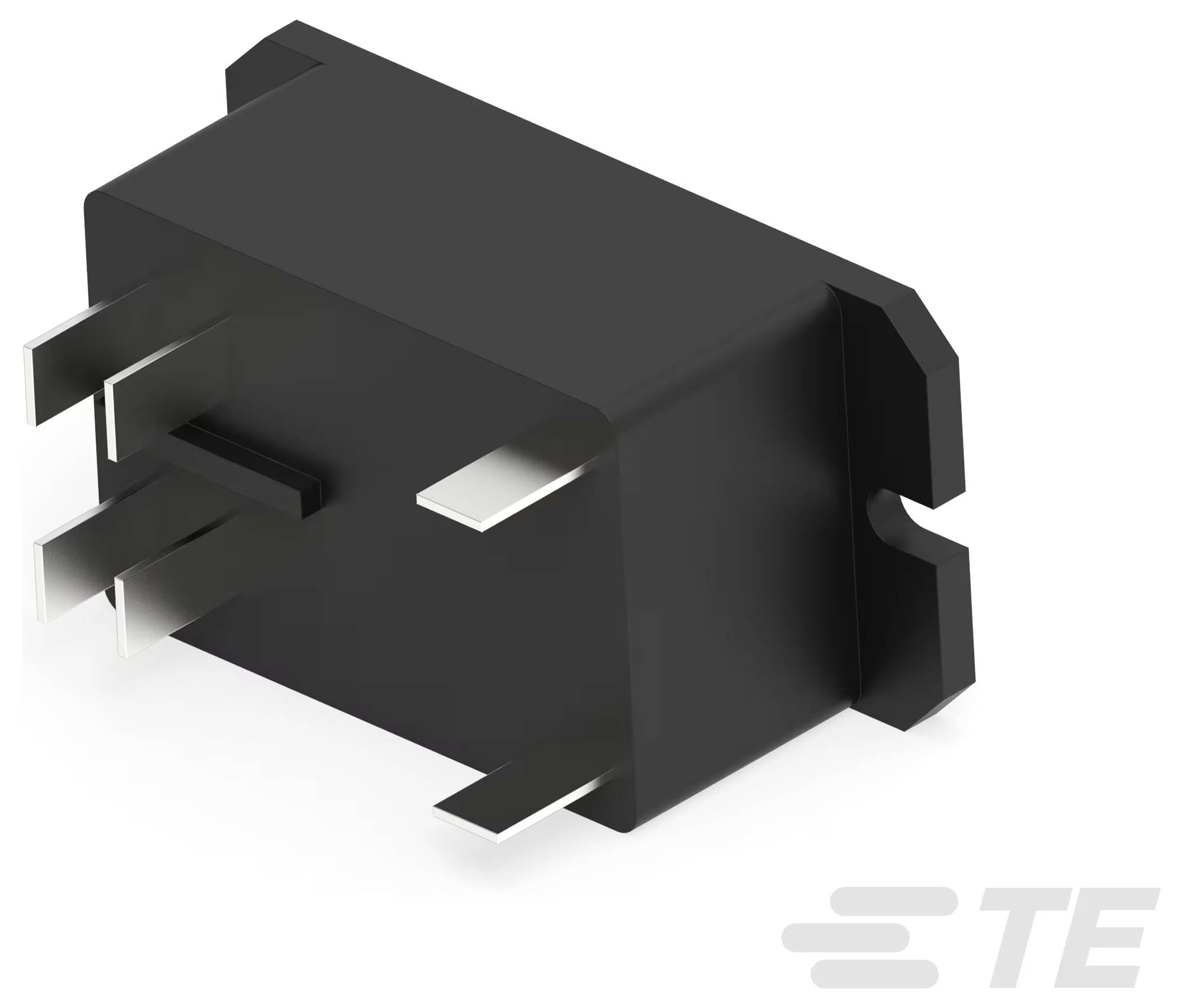 Eine schwarze elektronische Komponente mit Metallstiften und einem TE-Logo in der Ecke, möglicherweise zur Verwendung in Leiterplatten für Konnektivität.