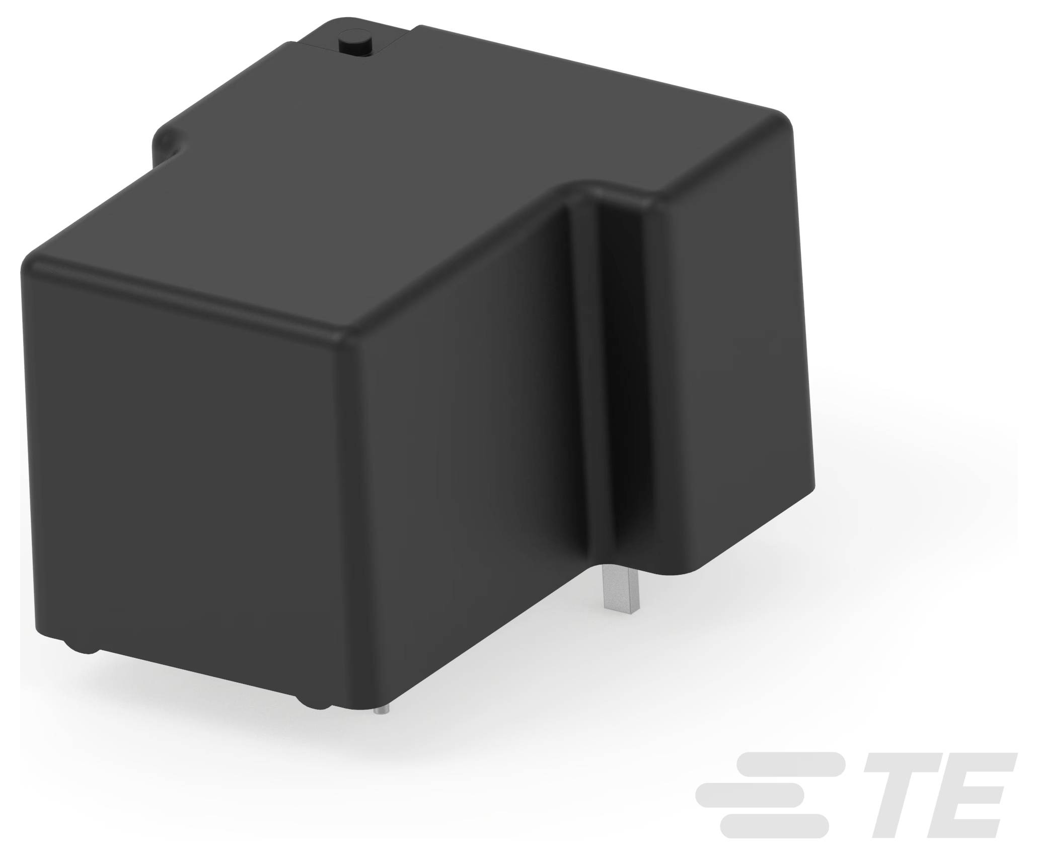 Eine schwarze, rechteckige elektronische Komponente mit einer Kerbe auf einer Seite. Zwei sichtbare Metallstifte in der unteren Ecke. TE-Logo in Grau.