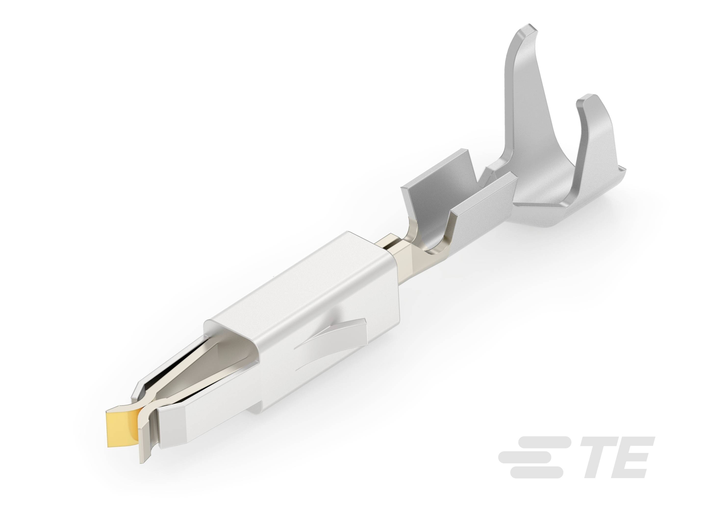 Metallstecker mit isoliertem Klemmbereich und offener Spitze, geeignet für elektrische Verbindungen, seitliche Ansicht.