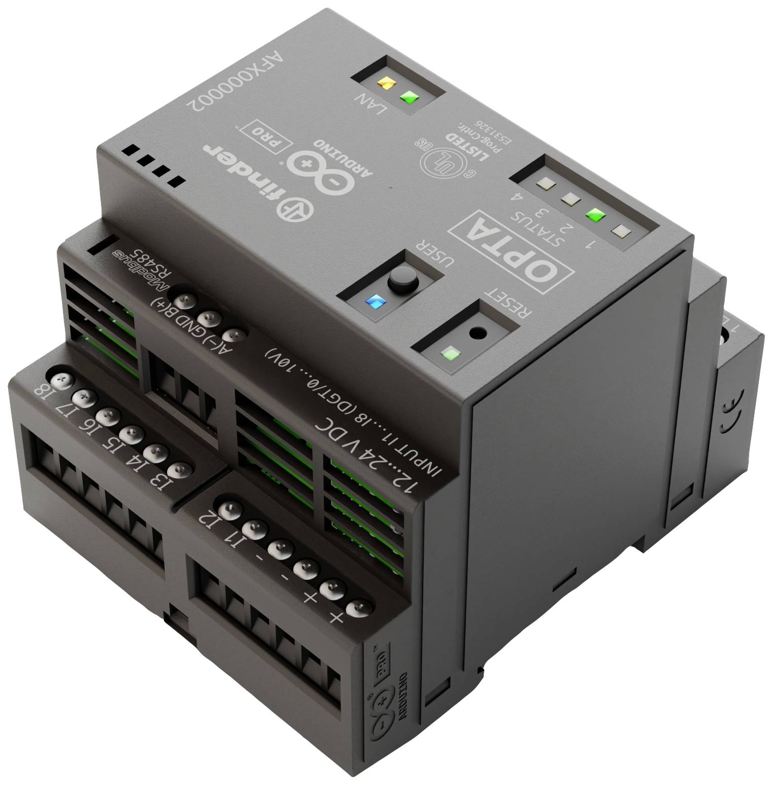 Ein graues elektronisches Steuergerät mit mehreren Anschlüssen und grünen Kabelverbindungen, markiert mit verschiedenen Symbolen und Beschriftungen.
