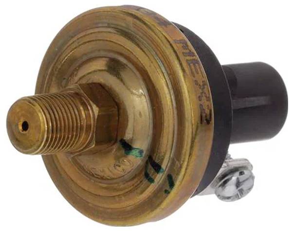 Ein Messingdrucksensor mit einer Gewindedüse und einer schwarzen Kunststoffbasis. Der Sensor verfügt über eingravierte Markierungen zu Identifikationszwecken.