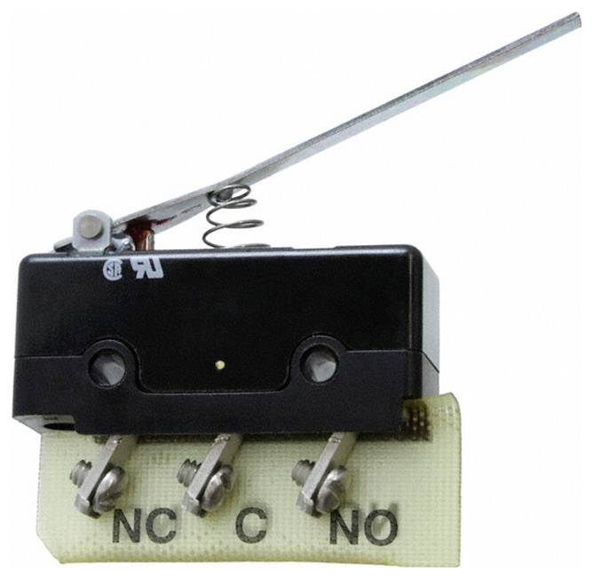 Ein Mikroschalter mit einem Hebelarm mit drei Anschlüssen mit den Bezeichnungen „NC