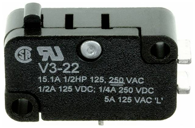 Eine schwarze elektrische Komponente mit der Bezeichnung „V3-22