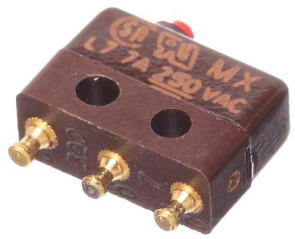 Ein kleines braunes MX L77A 250VAC Elektrobauteil mit drei goldenen Anschlüssen und einem roten Knopf oben.