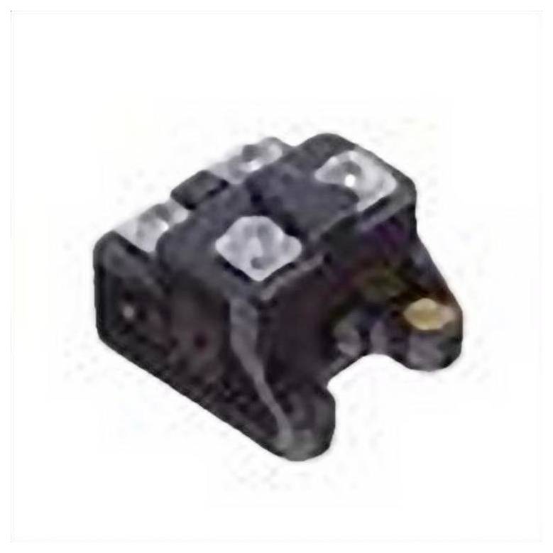 Eine kleine, schwarze kunststoffbeschichtete elektronische Komponente mit zwei silbernen Anschlüssen und einem sichtbaren Messingkontaktpunkt, die wahrscheinlich in elektrischen Schaltkreisen verwendet wird.