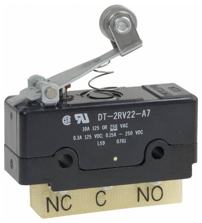 Ein schwarzer Mikroschalter mit metallischem Hebel. Der Schalter ist mit der Bezeichnung „DT-2RV22-A7