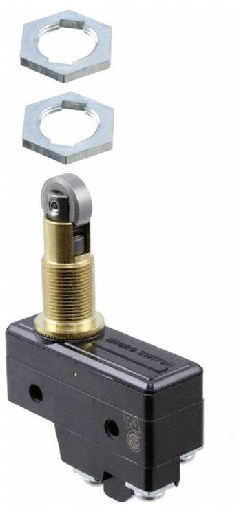 Eine metallische und kunststoffhaltige elektronische Komponente mit Gewinde, wahrscheinlich ein Stecker oder eine Buchse, von der Seite gezeigt.