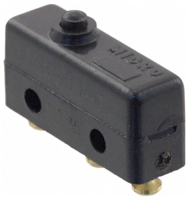 Eine Nahaufnahme eines schwarzen Mikroschalters mit zwei Schraubenlöchern zur Montage und drei Metallklemmen für elektrische Verbindungen.