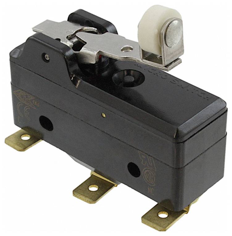 Eine Nahaufnahme eines schwarzen Mikroschalters mit drei Metallklemmen und einer weißen Betätigungsrolle oben, verwendet für präzise elektrische Steuerung.