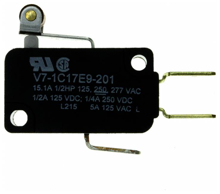 Ein schwarzer Mikroschalter mit Metallkontakten und weißer Beschriftung, die Spannungs- und Stromstärkewerte anzeigt.