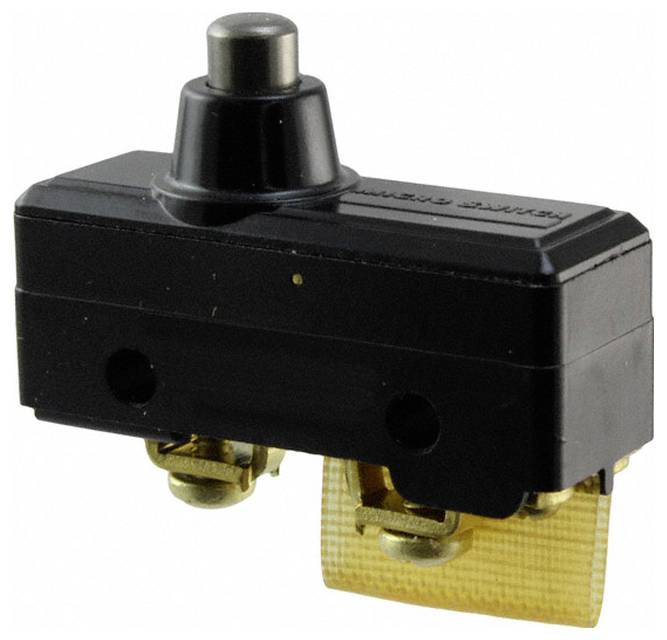 Ein schwarz-goldener elektrischer Mikroschalter mit zwei Schrauben, der zum Aktivieren oder Deaktivieren eines Stromkreises in elektronischen Geräten ausgelegt ist.