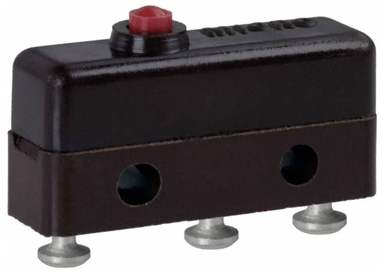 Eine schwarze rechteckige elektronische Komponente mit einem roten Knopf oben und drei silbernen Stiften unten, wahrscheinlich ein kleiner Schalter.