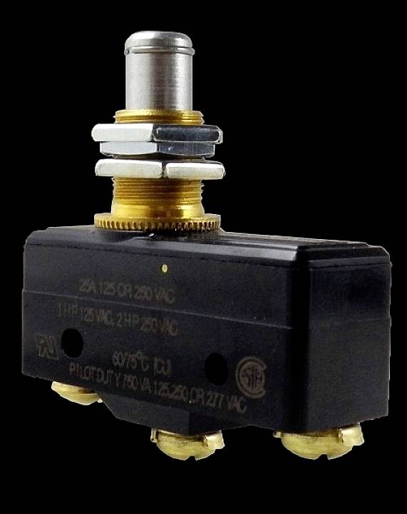Schwarzer elektromechanischer Schalter mit Metallgewinde und mehreren Anschlüssen, geeignet für 125V/250V Anwendung, auf schwarzem Hintergrund.